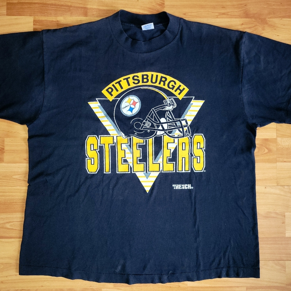 Vintage Pittsburgh Steelers XL Black T-shirt, Rare Trench USA Tag Single Stitch